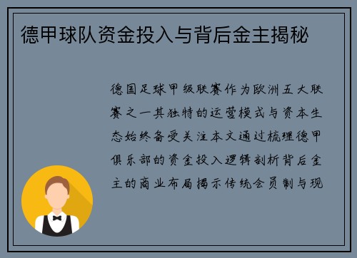 德甲球队资金投入与背后金主揭秘