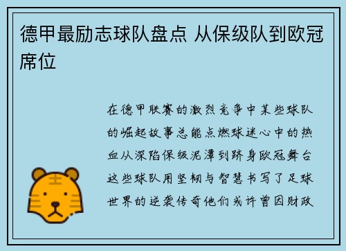 德甲最励志球队盘点 从保级队到欧冠席位